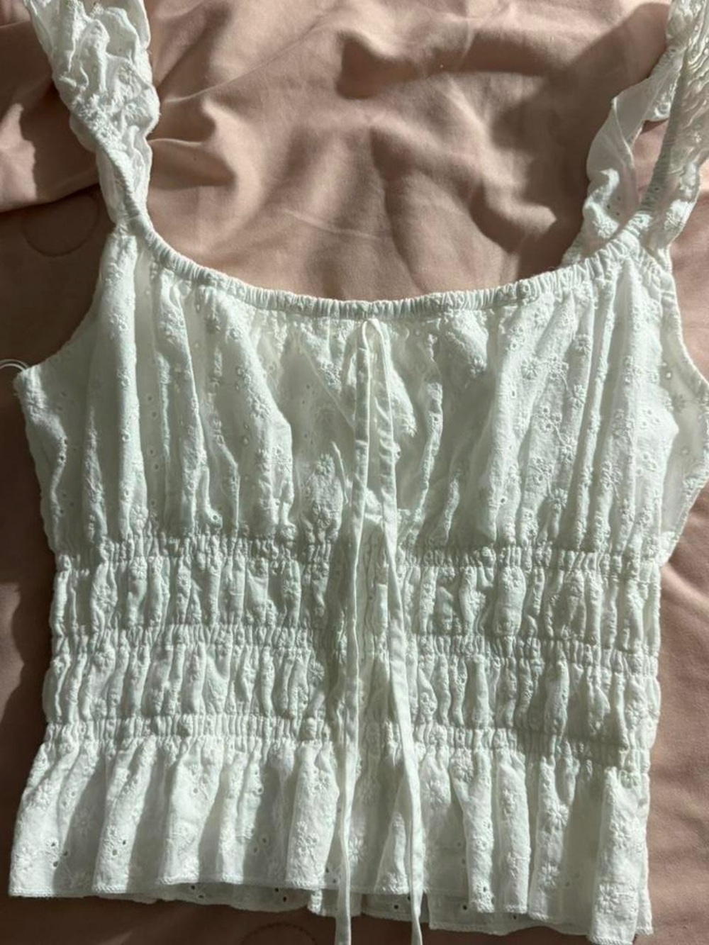 T.J.Maxx White Eyelet Smocked Tank with Ruffle Hem